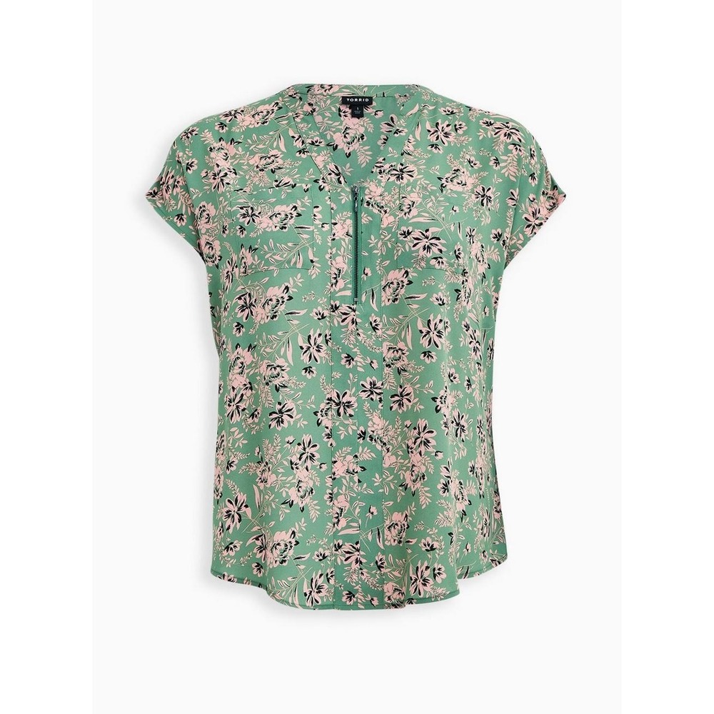 Torrid Georgette Zip Neck Dolman Blouse Green Pink Floral Botanical Plus Size 1X - Picture 10 of 10